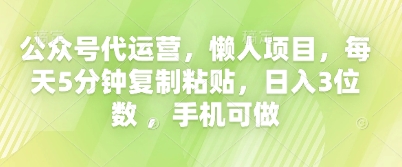 公众号代运营，懒人项目，每天5分钟复制粘贴，日入3位数 ，手机可做-乐创同聚
